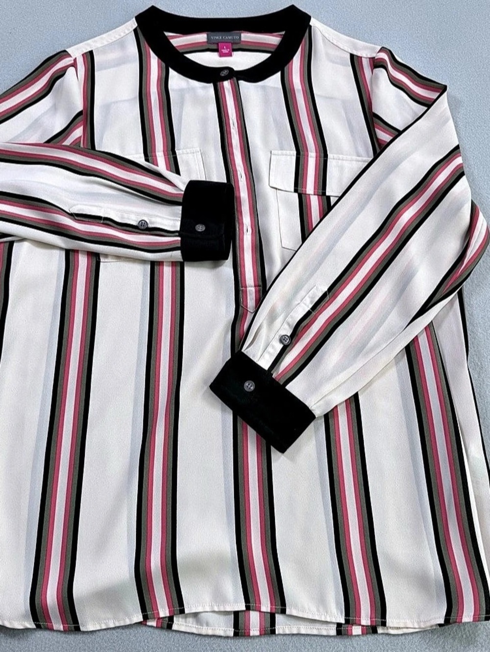 Vince Camuto Striped Button Down Blouse in White & Pink Large Like New